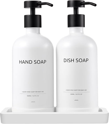 Glass Kitchen Soap Dispenser Set with Ceramic Tray,16.9 floz Hand and Dish Soap Dispenser for Kitchen and Bathroom Decor (White Bottles + Black Pumps)