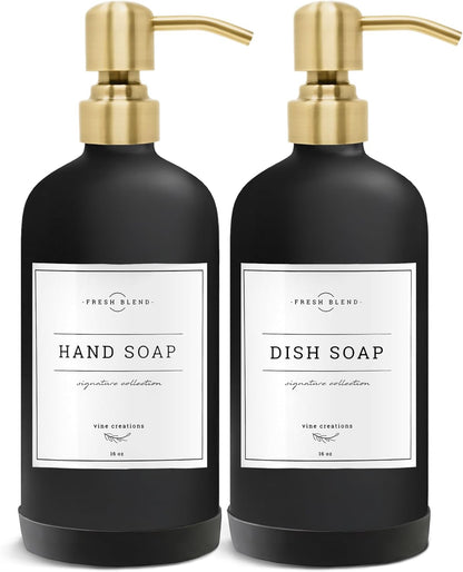 Vine Creations Black Glass Soap Dispenser, 2 Pack Kitchen Soap Dispenser Set with Stainless Steel Pump, 16 oz Dish Soap and Hand Soap Dispensers for Bathroom with Waterproof Labels