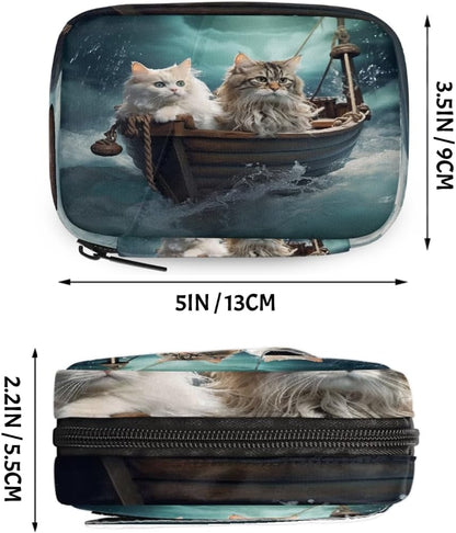Funny Cats Wooden Boat Pill Organizer Travel Medicine Case with Zipper Daily Vitamin Storage Bag Portable 8 Slot Weekly Pill Box Supplement Holder for Home Office Gym Travel