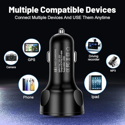 66W Multi Port Car Charger Adapter with Voltage Monitor, 4 USB QC3.0 Super Fast Charge Cigarette Lighter USB Charger, Compatible with iPhone/Android/Samsung/iPad Pro/and More (White)