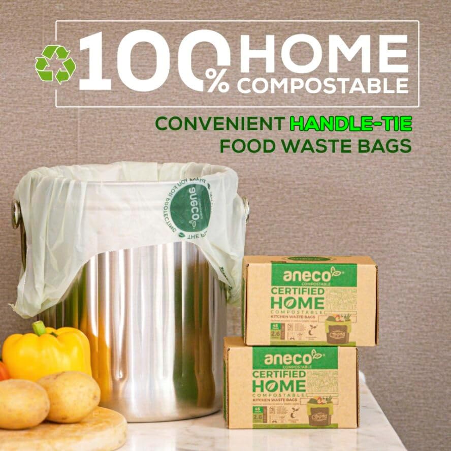 ANECO 100% Compostable Food Waste Bags 2.6 Gallon With Handles, 45 Count