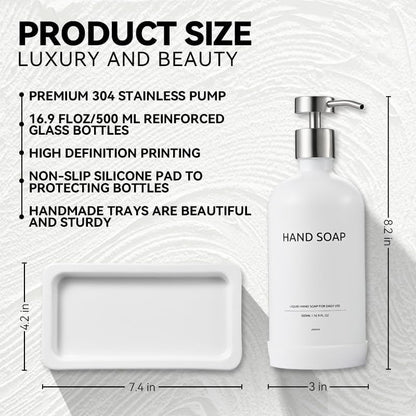Glass Kitchen Soap Dispenser Set with Ceramic Tray,16.9 floz Hand and Dish Soap Dispenser for Kitchen and Bathroom Decor (White Bottles + Silver Pumps)