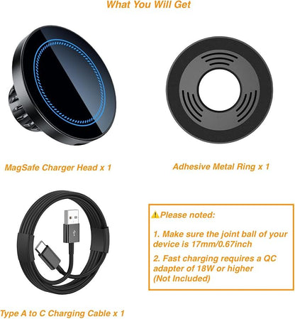 Magnetic Wireless Charging Phone Holder Mount with 17mm Ball Socket for MagSafe, [Heavy-Duty] Magnetic Ball Mount Fits 17mm/0.67inch Ball Car Phone Holder for iPhone 17/16/15/14/13/12 Series