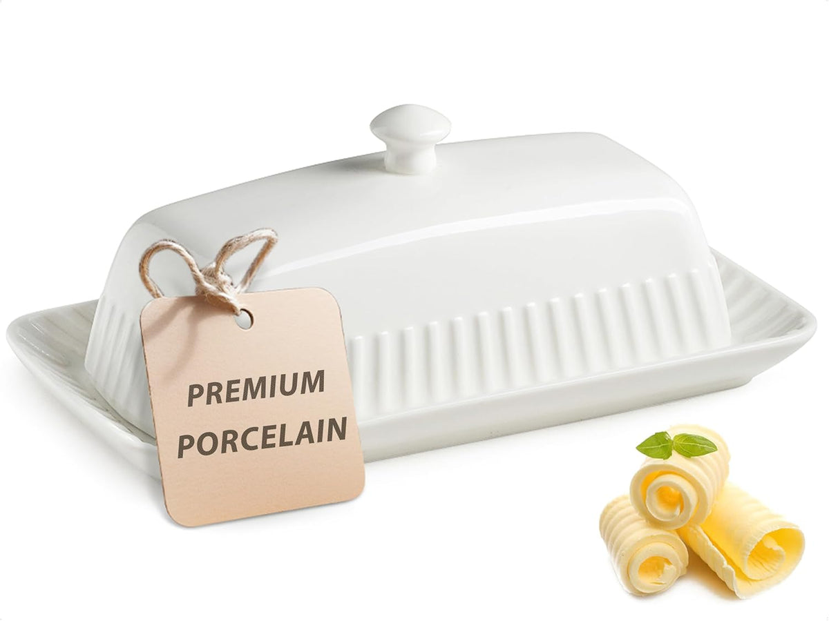 Ceramic Butter Dish with Lid, White Butter Holder Container with Porcelain Cover Knob Handle, Butter Dishes for Countertop Refrigerator, Perfect for East West Coast Butter Storage, Striped