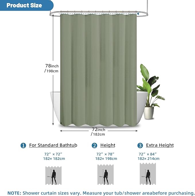 THAIGEE 2-in-1 Waterproof Fabric Shower Curtain - No Separate Liner Needed, Hotel-Style Waffle Weave, Effortless Cleaning & Washable Bathroom Shower Curtain Set,72Wx78H,SageGreen