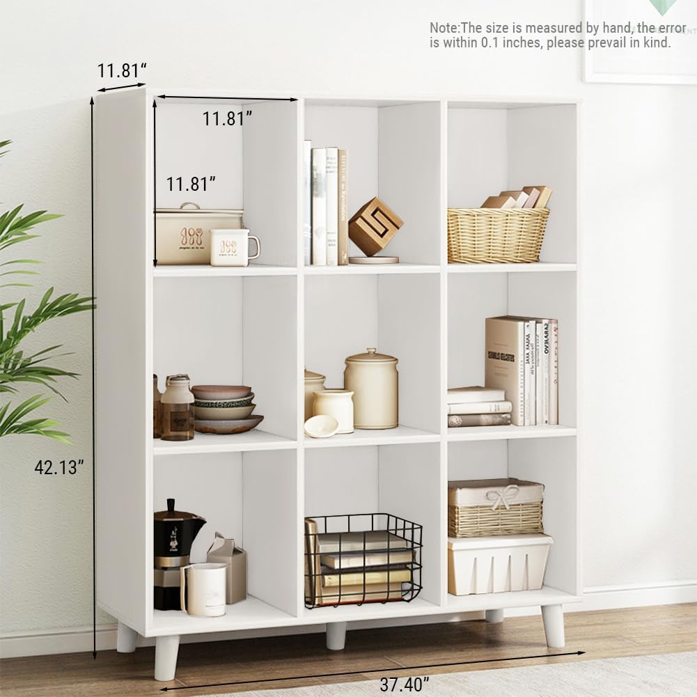 IOTXY Open Cube Low Bookcase - 3-Tier Freestanding Storage Display Cabinet Organizer with Legs for Home Office, 9-Cubes Open Shelf Short Bookshelf, White