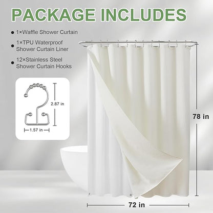 ROLIZOE 3-in-1 Waffle Texture Shower Curtain Set with TPU-Coated Waterproof Liner and 12 Upgraded Double-Sided Hooks, Well-Matched Sizes for a Seamless Fit – Beige, 72" x 78"