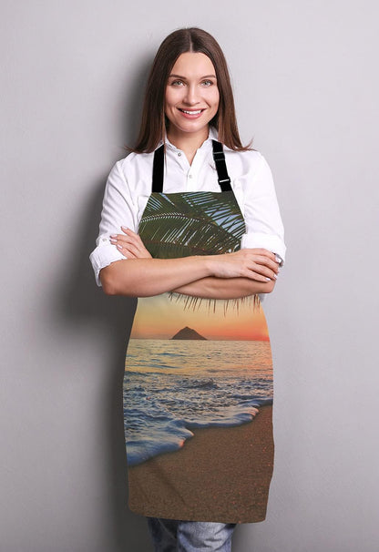 Pacific Sunrise At Lanikai Beach Adjustable Bib Apron, Hawaii Colorful Sky Wavy Cooking Kitchen Apron for Men Women