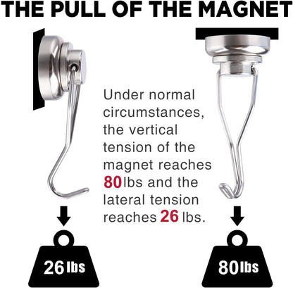 MIKEDE Magnetic Hooks Heavy Duty, 60 lb+ Strong Swivel Swing Neodymium Magnetic Hooks for Hanging, Strong Magnet Hanger for Cruise Cabins, Locker, Toolbox, Home, Kitchen - Pack of 10