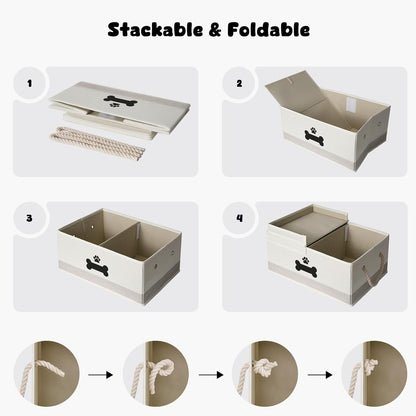 Dog Toy Basket with Double-Open Lid, Divided Dogs Basket for Toys, Collapsible Pet Toys Box, Dog Storage Organizer with 2 Divided Area, Puppy Toy Baskets with Rope Handles, Beige & Gray