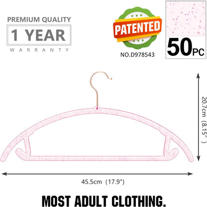 MIZGI Premium Clear Hangers (Pack of 50) Heavyduty- Pink Acrylic No Shoulder Bump Suit Hangers - Space Saving Clothes Hangers,Rounded Hanger for Coat,Sweater,Jackets,Pants