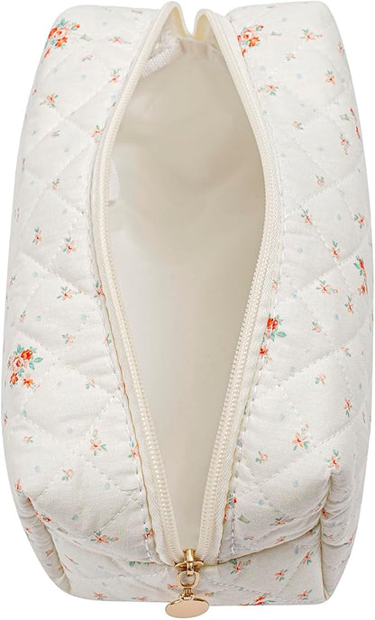 Gleyemor Small Quilted Makeup Bag for Women, Cute Floral Bow Cosmetic Bag, Emergency Bag Travel Toiletry Cotton Pouch Gifts for Girls Her Mom Friend Sister Bridesmaid (White Floral)
