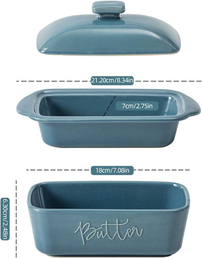 FE Butter Dish, 10 oz Ceramic Butter Keeper with Water Line, French Butter Dish with Lid for Countertop (Blue)