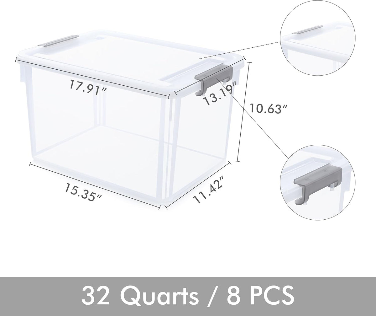 Citylife 32 QT Plastic Storage Bins with Latching Lids Stackable Storage Containers for Organizing Large Clear Storage Box for Garage, Closet, Kitchen, 8 Packs