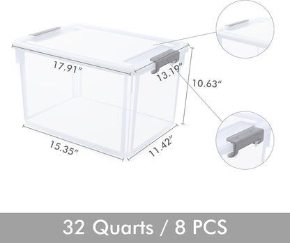 Citylife 32 QT Plastic Storage Bins with Latching Lids Stackable Storage Containers for Organizing Large Clear Storage Box for Garage, Closet, Kitchen, 8 Packs