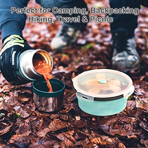 ColorCoral Collapsible Camping Bowl with Lid & Fork Silicone 1200ml 42oz