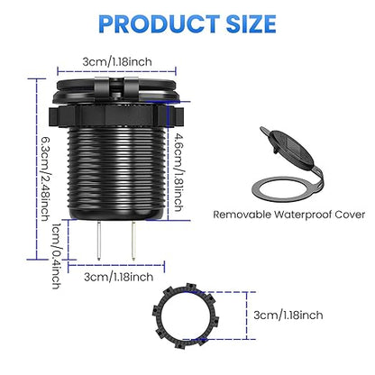 12V USB Charger with 4 Ports, Upgraded Aluminum Alloy Car Outlet with LED Voltmeter Display, for 12/24V Car Golf Cart Boat Marine Bus Truck RV Marine Motorcycle etc. (1PC)