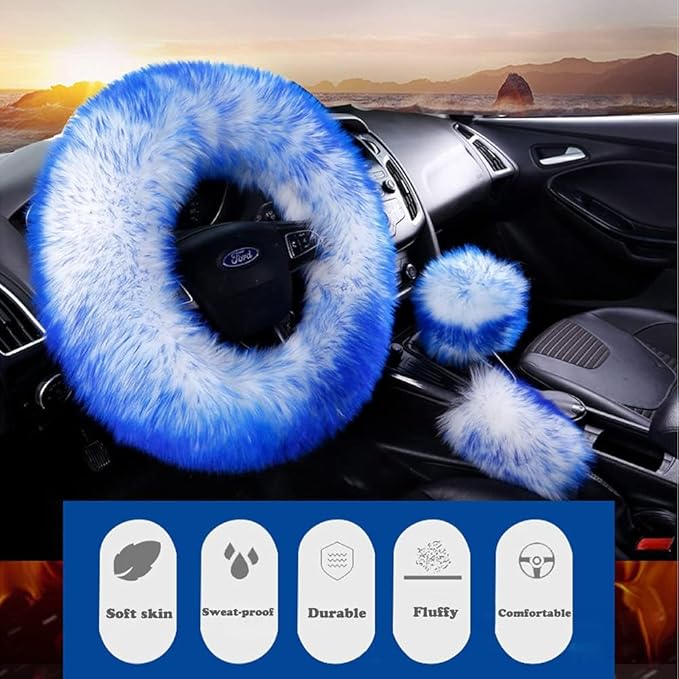15inches Universal Leather Car Steering Wheel Cover Car Accessories Colorful Fuzzy Steering Wheel Cover Gear Shift Cover Handbrake Cover (Black)