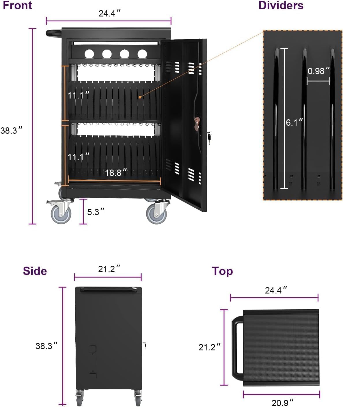 Laptop Charging Cart, 32 Device Tablet Storage Carts for iPad Up to 16.3" Screen Size, Mobile Charging Station for Classroom, with Cord Organizer, Front and Back Access Locking Cabinet Black
