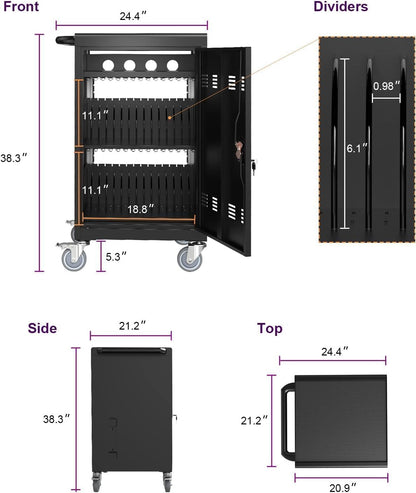 Laptop Charging Cart, 32 Device Tablet Storage Carts for iPad Up to 16.3" Screen Size, Mobile Charging Station for Classroom, with Cord Organizer, Front and Back Access Locking Cabinet Black
