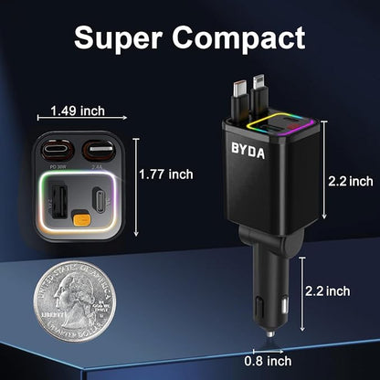 4 in 1 Retractable Car Charger with Starry Light,69W USB-C Fast Car Charger, for iPhone 17/16/15/14/13/12/11, Android,Pixel,Cigarette Lighter Charger (for Apple+Type C &RGB [Black])