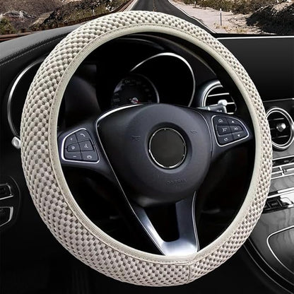 Elastic Stretch Steering Wheel Cover,Warm in Winter and Cool in Summer, Universal 15 inch, Microfiber Breathable Ice Silk, Anti-Slip, Odorless, Easy Carry (Beige)