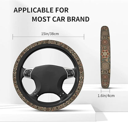 Bohemia Steering Wheel Cover with 2 Car Coasters Non Slip Neoprene for Women Men Universal 15 Inch