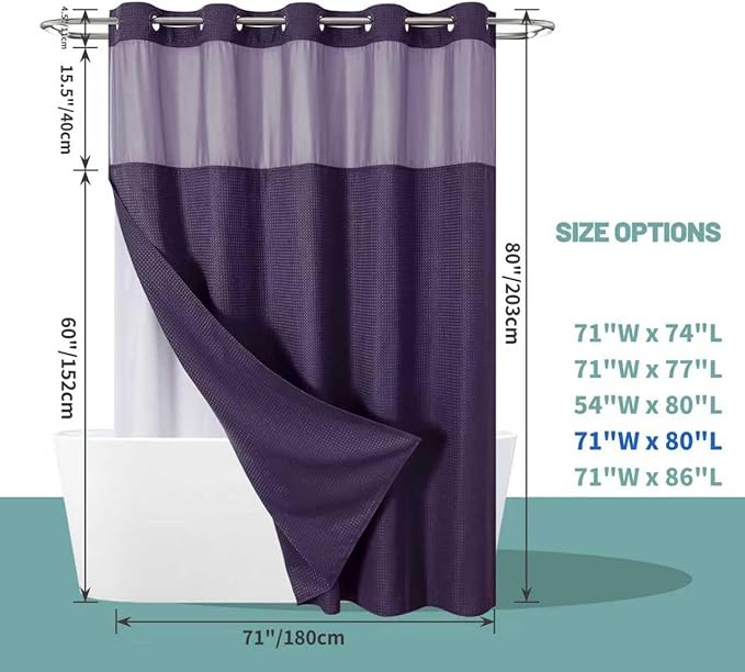 eachope Purple Long No Hook Waffle Weave Shower Curtain with snap-in Liner Replacement, 230GSM Waterproof Fabric Hotel Shower Curtain Set for Bathroom, Through Mesh Top Window,71Wx80H