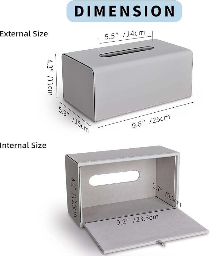 KINGFOM Tissue Box Cover, PU Leather Rectangular Tissue Box Holder with Magnetic Bottom Cover for Facial Tissues/Napkins, Office & Living Room Decor Box (Gray)
