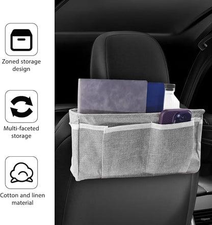 Car Seat Back Organizer, Linen Hanging Self-Adhesive Vehicle Backseat Storage Bag with Multiple Pockets, Auto Caddy for Book Water Bottle Holder, Universal for SUV, Truck, Van (Light Gray)
