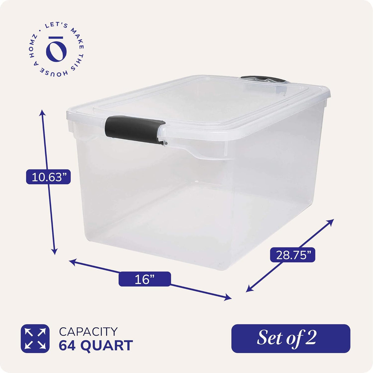 HOMZ 2-Pack Secure Latch, Clear Plastic Storage Organizer Bins, 64 Quart, Gray Latches - Stackable Container Boxes for Bedroom, Bathroom, Garage, and Office Organization
