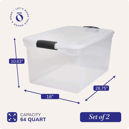 HOMZ 2-Pack Secure Latch, Clear Plastic Storage Organizer Bins, 64 Quart, Gray Latches - Stackable Container Boxes for Bedroom, Bathroom, Garage, and Office Organization