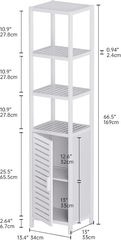 HITNET Bathroom Tall Cabinet, Floor Standing Bamboo Storage Cabinet with 6 Shelves and Shutter Door for Kitchen Living Room, White