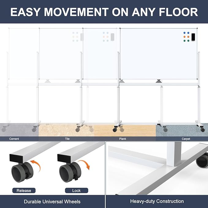 White Board on Wheels, 48 x 32 Inches Height-Adjustable Large Rolling Whiteboard