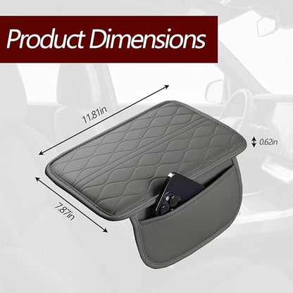 HZEL Car Center Console Cover, Scratch & Wear Resistant Soft Leather Vehicle Armrest Seat Box Cushion Pad with 2 Storage Bag, Waterproof Automotive Interior Protector, Universal Fit (Gray)