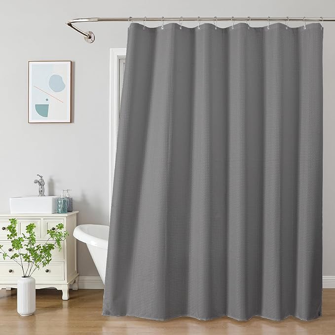 THAIGEE 2-in-1 Waterproof Fabric Shower Curtain - No Separate Liner Needed, Hotel-Style Waffle Weave, Effortless Cleaning & Washable Bathroom Shower Curtain Set,72Wx78H,Grey