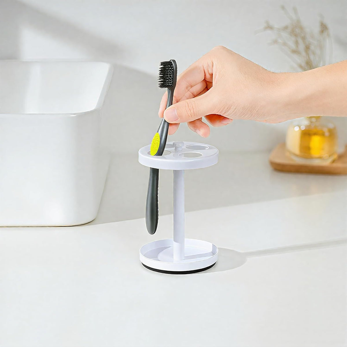 White Stainless Toothbrush Holder Stand: Rustproof Bathroom Countertop Organizer, 4 Ventilated Slots Hold Manual Toothbrushes, Razor