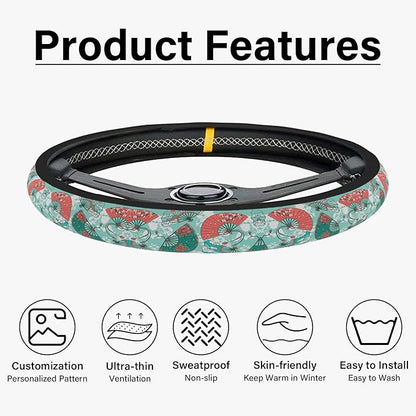 Green and Red Fan Steering Wheel Cover, Cute Print Steering Wheel Cover Protector, Ultra Thin Breathable Non-Slip, Car Accessories for Women, for Steering Wheel with a Diameter of 14.5"-15"