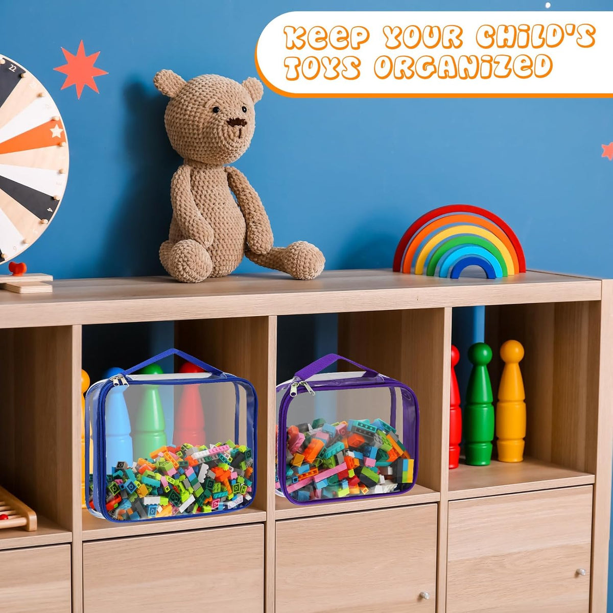 Sanwuta 6 Packs Toy Storage Bags, PVC Organizing Case Bags with Zipper, Waterproof Toy Container for Board Games, Building Blocks, Puzzles, Small Toys and Kids Books(Large, Small,Bright Color)