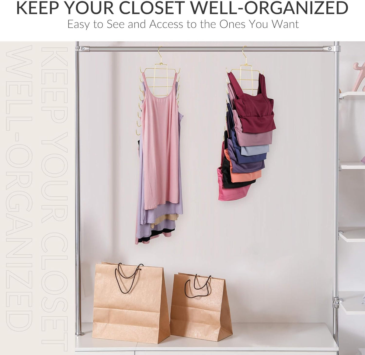 ZEDODIER Tank Top Hanger Space Saving, Bra Hangers for Closet Organizer, Hanging Bra Organizer Tank Tops Holder with 8 Hooks, Metal Closet Organizers and Storage Small Space Solutions, Gold