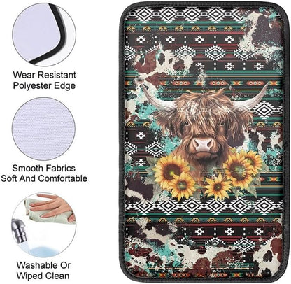 UNICEU Southwestern Cowhide Highland Cow Auto Center Console Pads Comfortable Non Slip Car Armrest Storage Box Mat Universal Fit Auto Interior Accessories for Women Men
