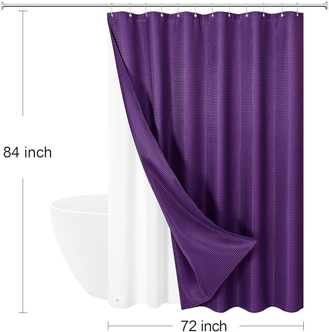 Craidlela 3 in 1 Extra Long Purple Shower Curtain Set-72 W x 84 H, Modern Waffle and PEVA Liner Set with 12 Stainless Steel Hooks, Waterproof Fabric for Bathroom
