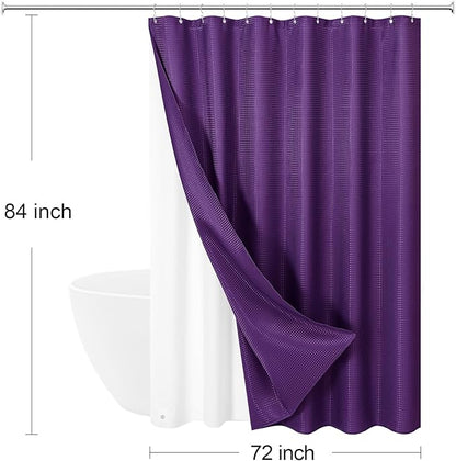 Craidlela 3 in 1 Extra Long Purple Shower Curtain Set-72 W x 84 H, Modern Waffle and PEVA Liner Set with 12 Stainless Steel Hooks, Waterproof Fabric for Bathroom