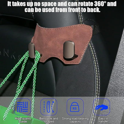Car Headrest Hook, 2PCS Suede Vehicle Back Seat Storage Hanger with Double Metal Hook, Automotive Seatback Organizer for Purse Handbag Coat, Compatible with Most Sport Seat (Brown)