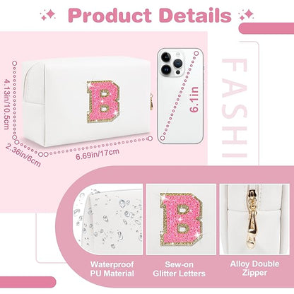 Small Personalized Initial A-Z Patch Makeup Bag,White Cute PU Leather Glitter Letter Cosmetic Bag for Teen Girls,Travel Toiletry Bag with Zipper,Preppy Monogrammed Birthday Gift for Daughter Niece B