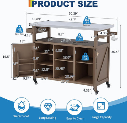 Outdoor Grill Cart with Storage Cabinet, Wood Outdoor Kitchen Island on Wheels, Grill Cart Table with Stainless Steel Table Top, Spice Rack, Towel Rack & Lockable Wheels for Kitchen,BBQ, Coffee