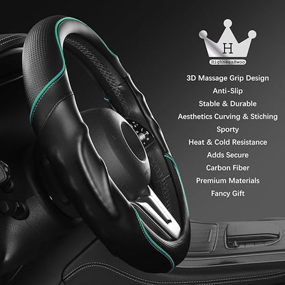 3D Car Steering Wheel Cover Comfort Grip Massage Sporty Anti-Slip Carbon Fiber Faux Leather for Sedan SUV, Universal Fit, Car Handle Covers for All Seasons, 14.75-15.15in, Green