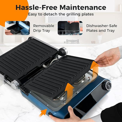 7-In-1 Sandwich Maker with LED Touch Panel & No-Stick Plates, Electric Panini