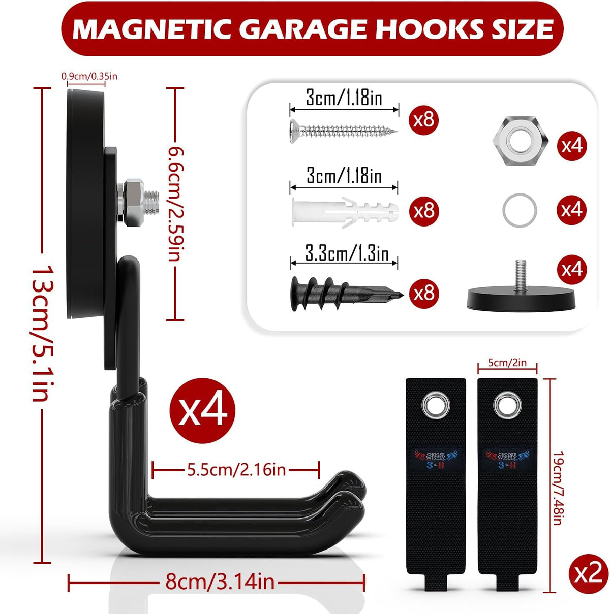 3-H Heavy Duty Magnet Garage Hooks 4 Pack, Large Strong Magnetic Hooks for Hanging Cordless Power Drill, Utility Magnetic Tool Holder for Metal Cabinet, Steel Pegboard, Toolbox, Garage(Black)