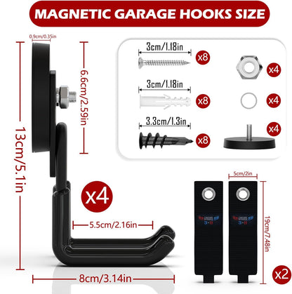 3-H Heavy Duty Magnet Garage Hooks 4 Pack, Large Strong Magnetic Hooks for Hanging Cordless Power Drill, Utility Magnetic Tool Holder for Metal Cabinet, Steel Pegboard, Toolbox, Garage(Black)